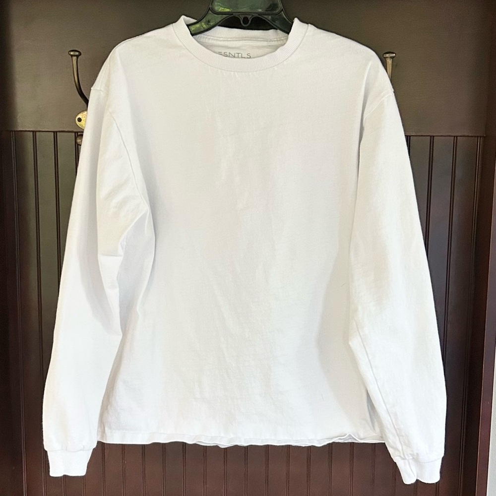ESNTLS Cotton Hemp White Crew Neck Long Sleeve Relaxed Shirt Athleisure Men’s S - Picture 3 of 9